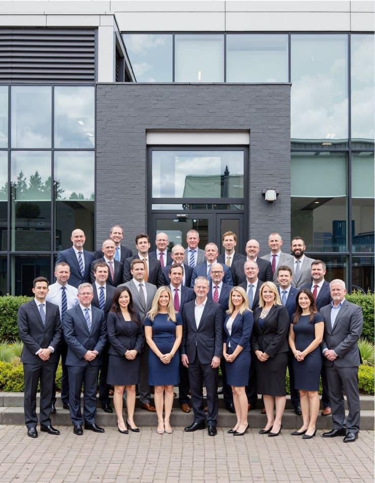 A large professional team in business suits outside an office building